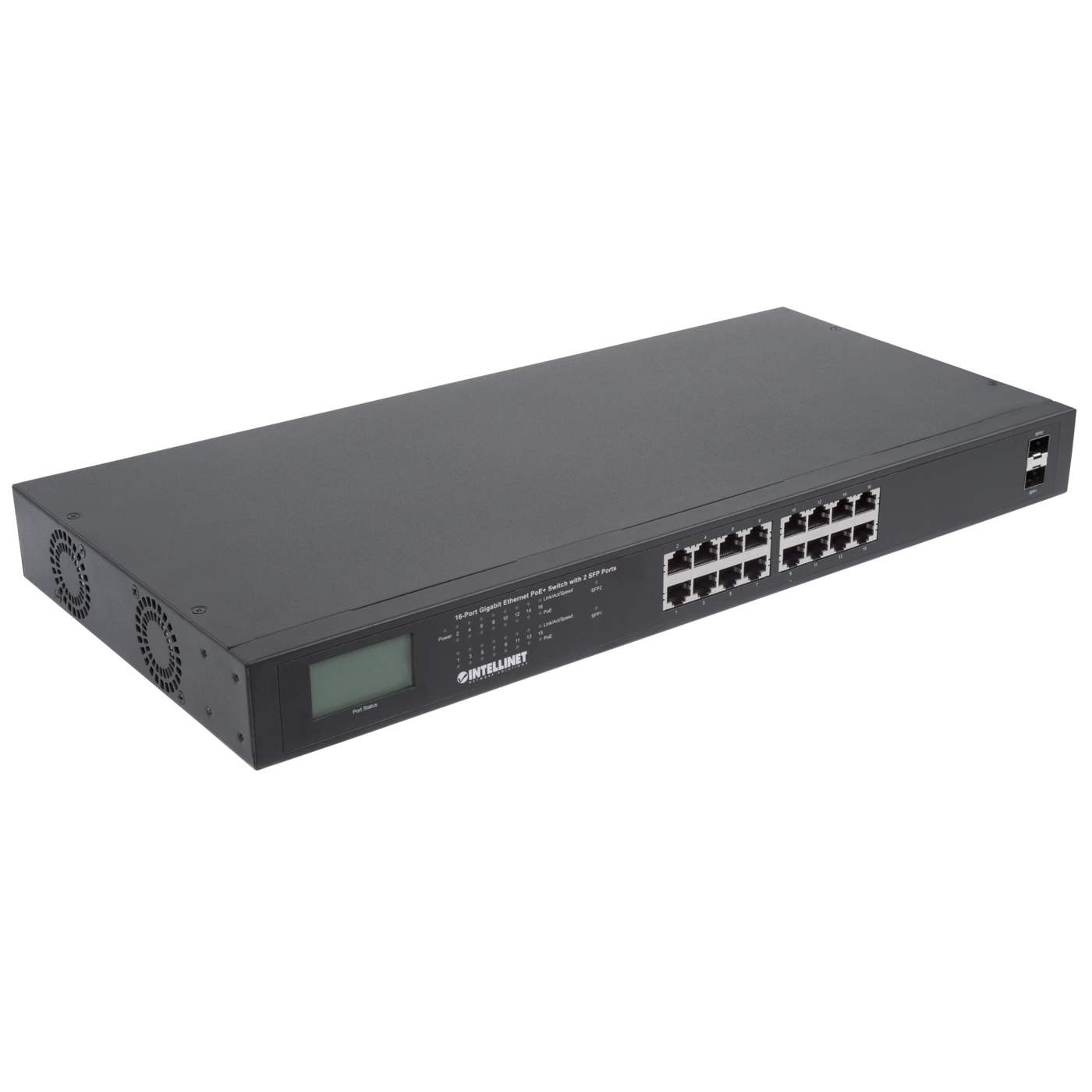 16-Port Gigabit Ethernet PoE+ Switch mit 2 SFP-Ports und LCD-Anzeige Image 3