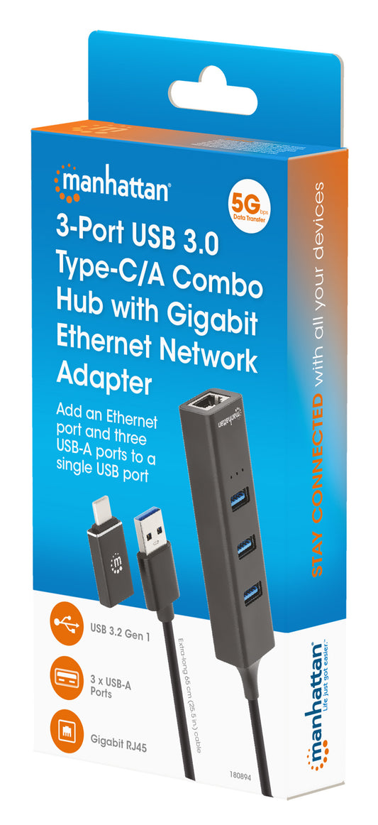 3-Port USB 3.0 Typ-C / Typ-A Kombo-Hub mit Gigabit Ethernet-Netzwerkadapter Packaging Image 2