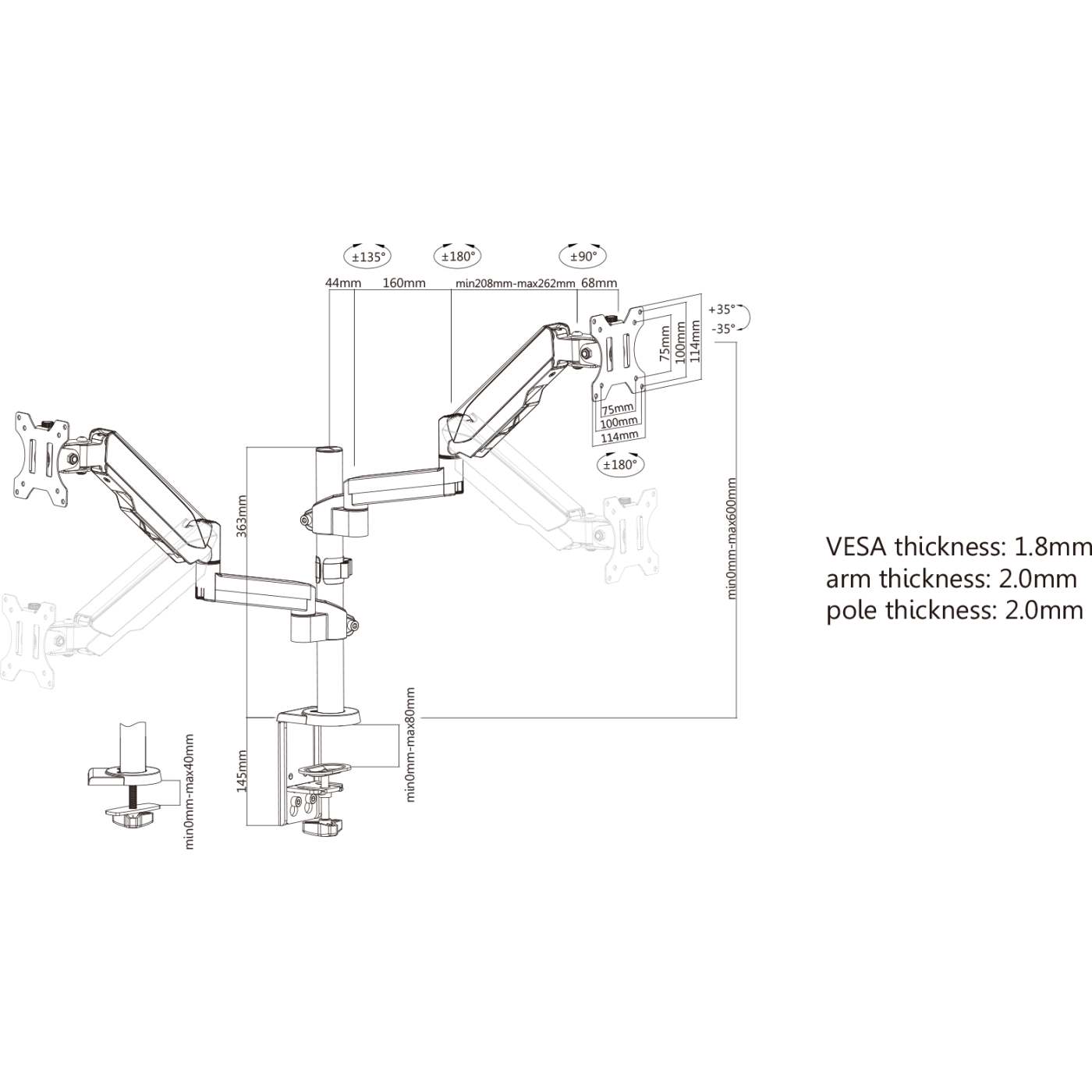Universal-Tischhalterung mit Gasdruckfeder und höhenverstellbaren Armen für zwei Monitore Image 11