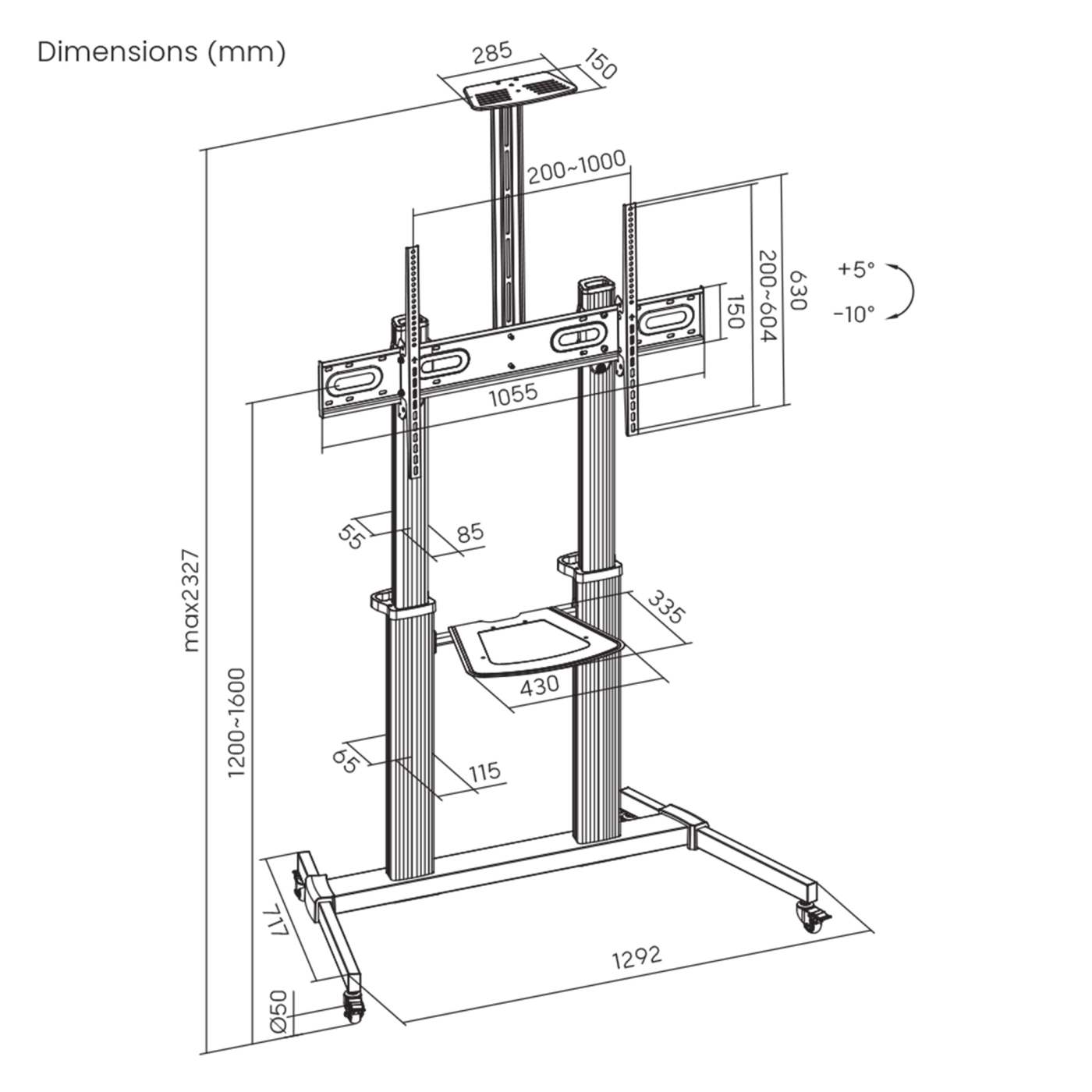 Aluminium Multimedia TV-Ständer auf Rollen, höhenverstellbar, für 60" bis 100" Image 13