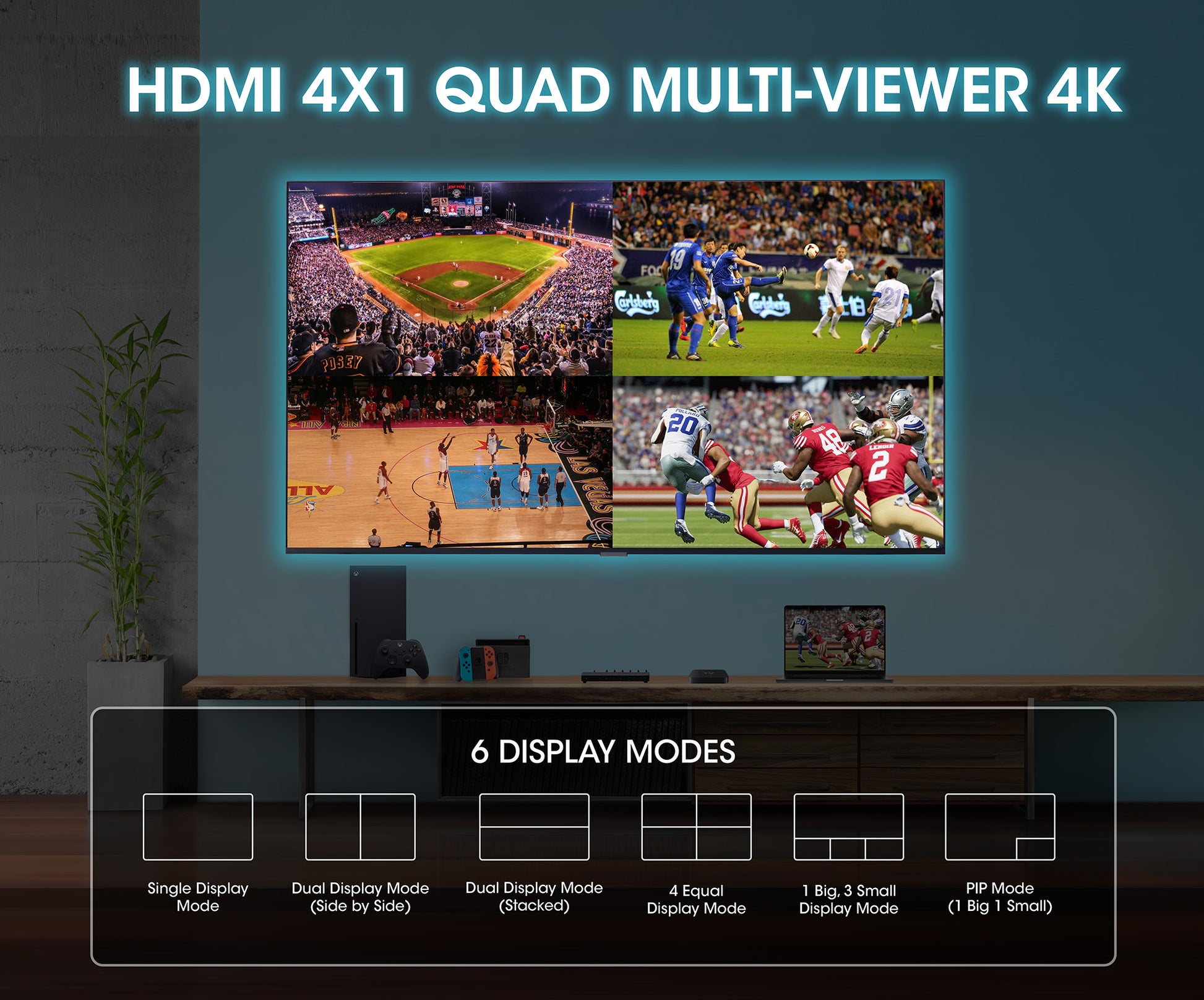 4K@30Hz 4-Port HDMI Multiviewer Switch Image 3