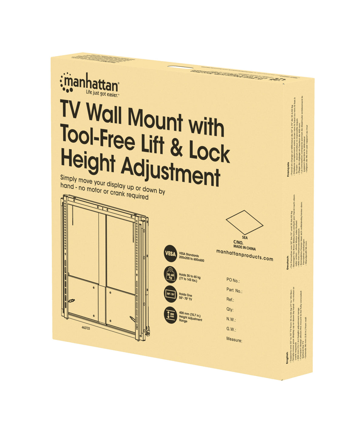 TV-Wandhalterung, höhenverstellbar mit werkzeuglosem Lift&Lock-System, für 55 bis 75 Zoll Packaging Image 2