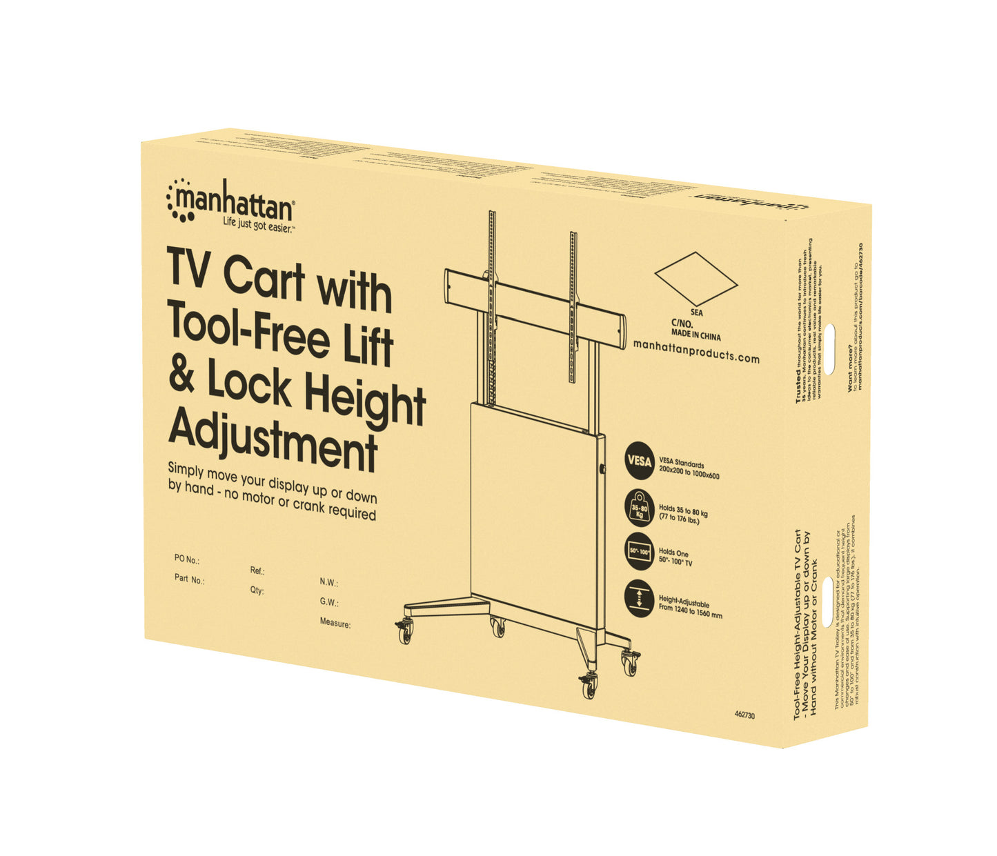 TV-Ständer auf Rollen, höhenverstellbar mit werkzeuglosem Lift&Lock-System, für 50 bis 100 Zoll Packaging Image 2