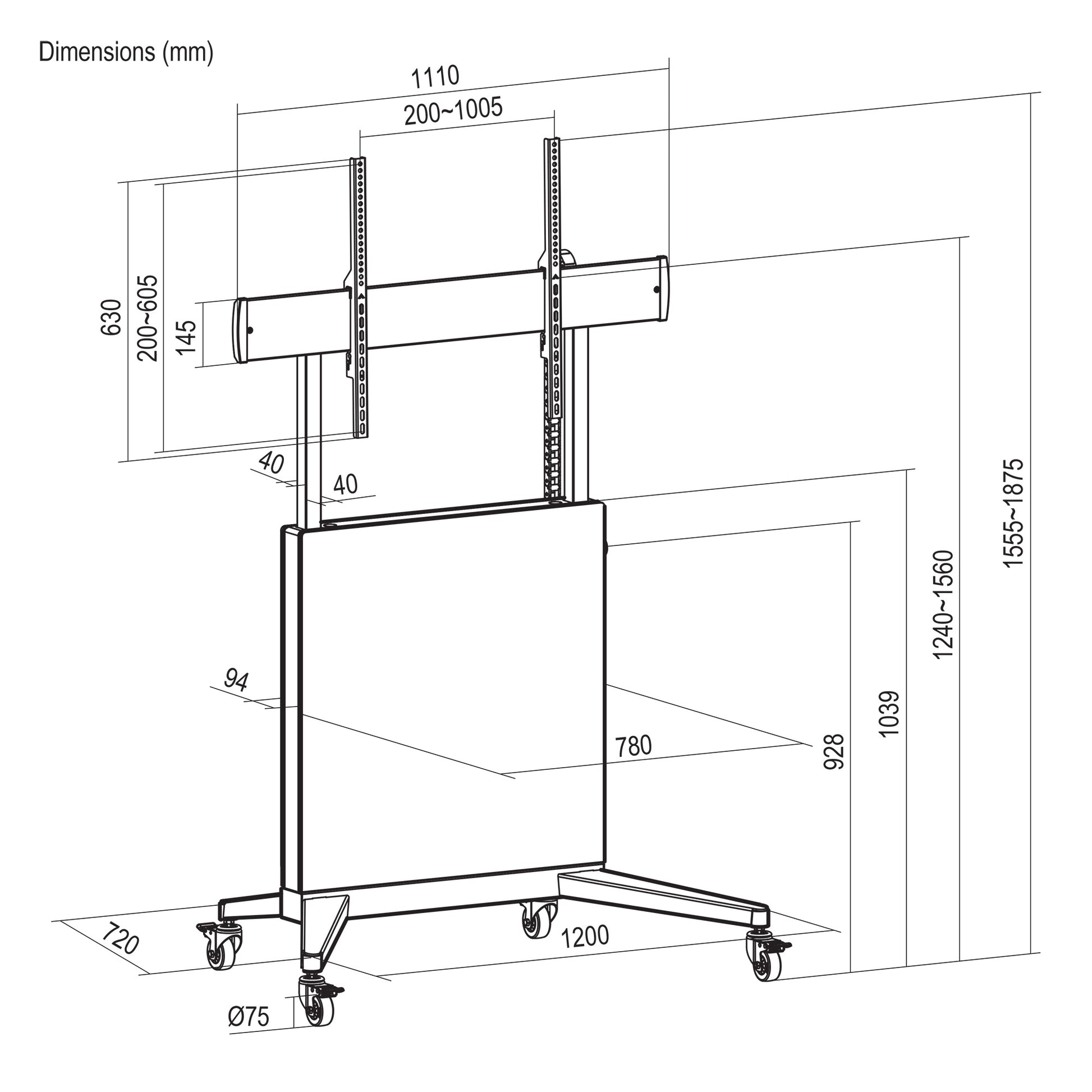 TV-Ständer auf Rollen, höhenverstellbar mit werkzeuglosem Lift&Lock-System, für 50 bis 100 Zoll Image 15
