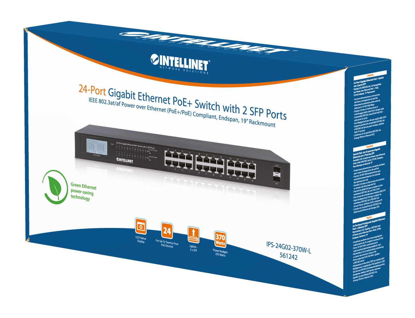 24-Port Gigabit Ethernet PoE+ Switch mit 2 SFP-Ports und LCD-Anzeige Packaging Image 2