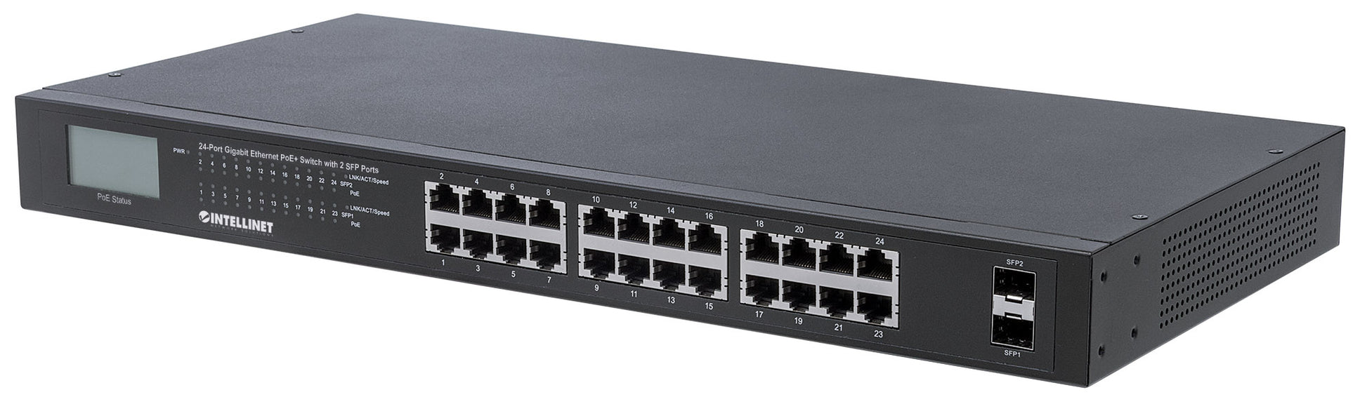 24-Port Gigabit Ethernet PoE+ Switch mit 2 SFP-Ports und LCD-Anzeige Image 1