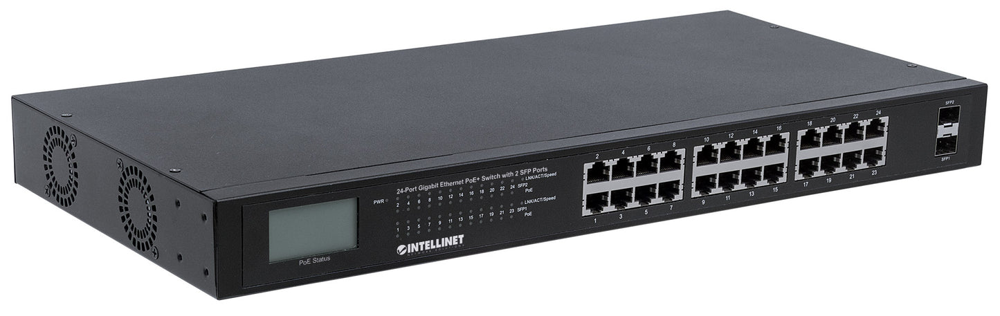 24-Port Gigabit Ethernet PoE+ Switch mit 2 SFP-Ports und LCD-Anzeige Image 3