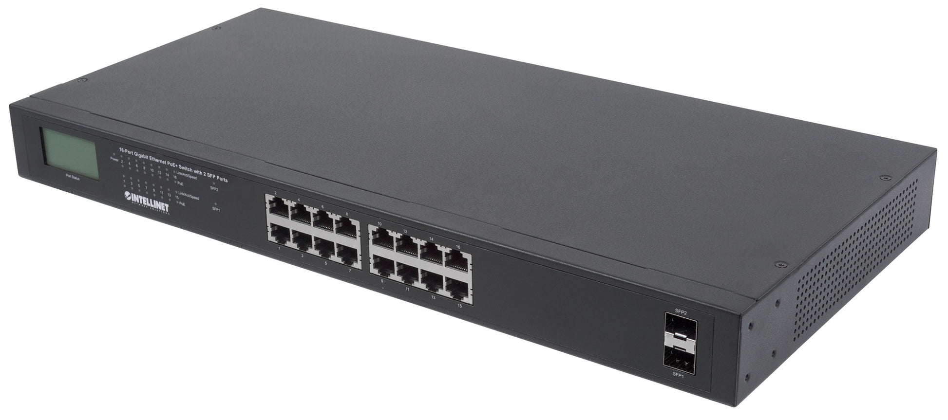16-Port Gigabit Ethernet PoE+ Switch mit 2 SFP-Ports und LCD-Anzeige Image 1