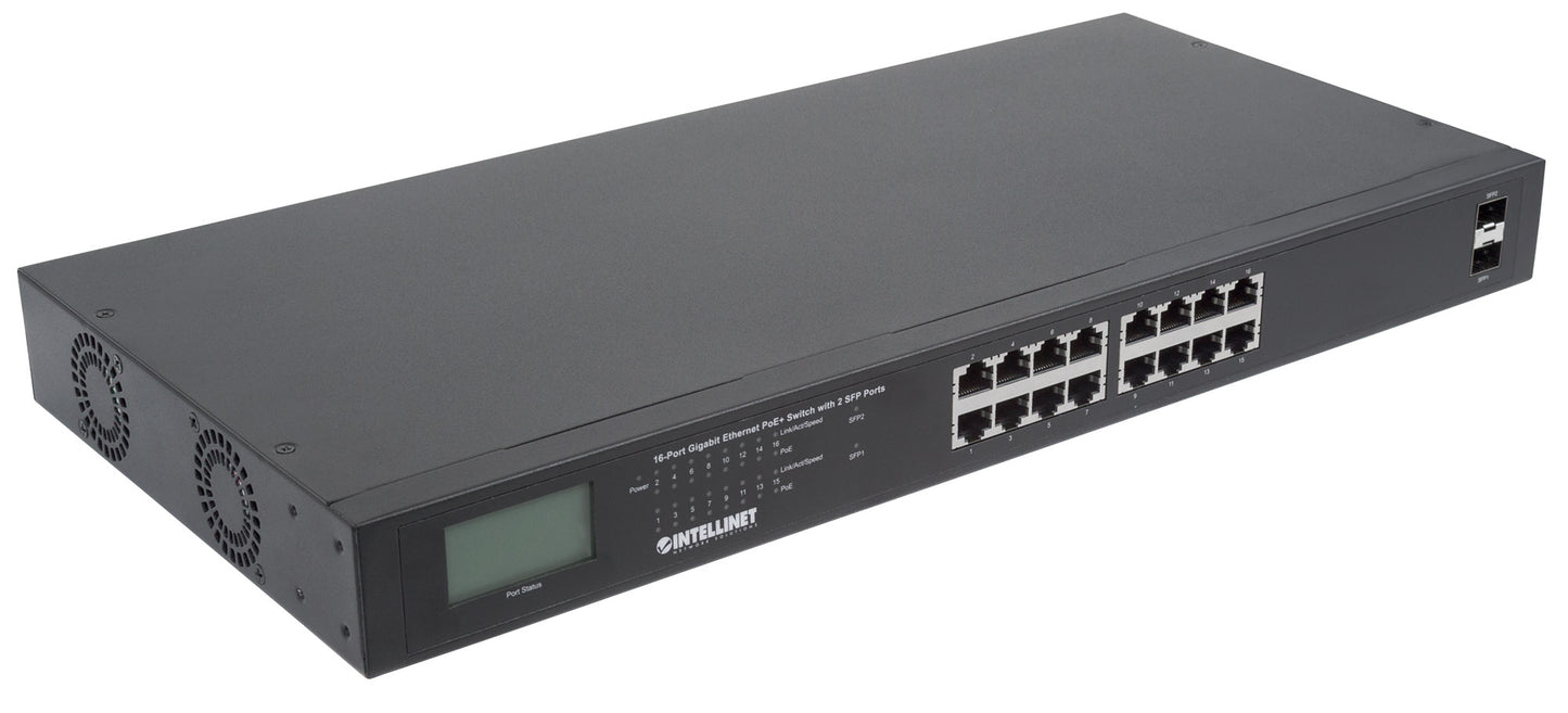 16-Port Gigabit Ethernet PoE+ Switch mit 2 SFP-Ports und LCD-Anzeige Image 3