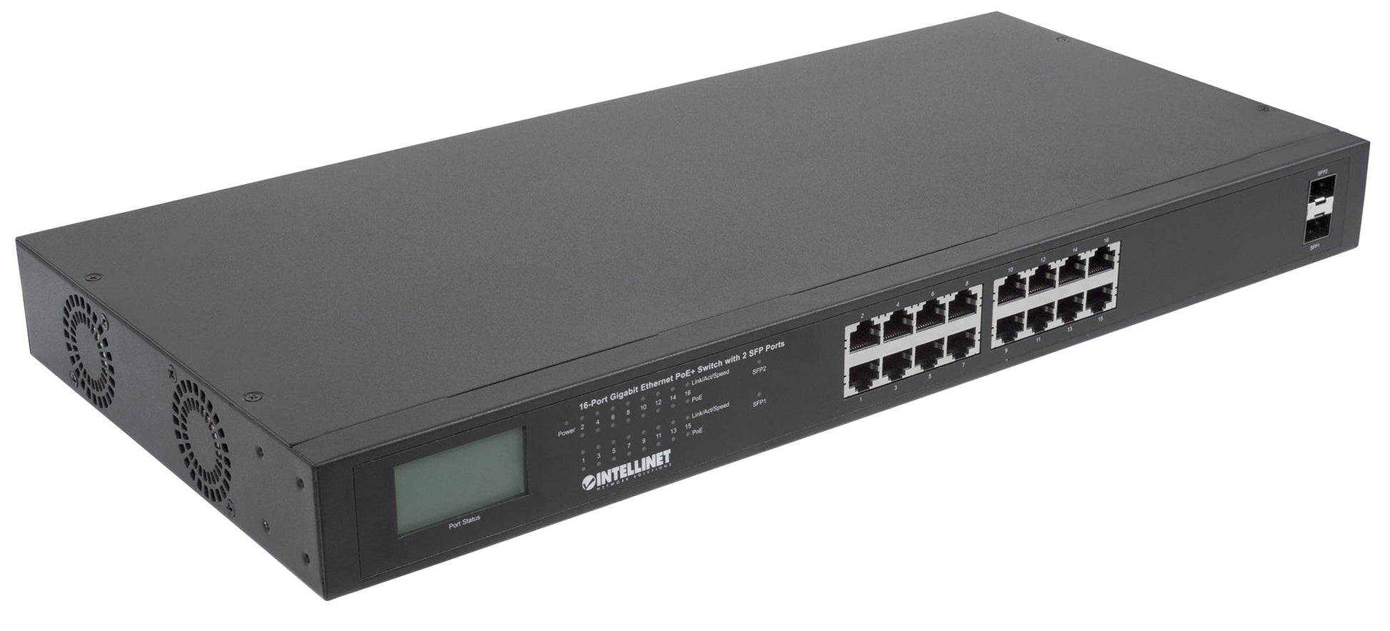 16-Port Gigabit Ethernet PoE+ Switch mit 2 SFP-Ports und LCD-Anzeige Image 3