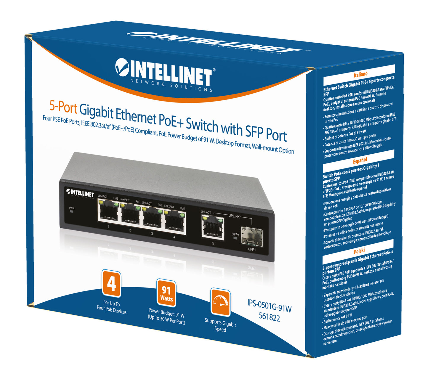 5-Port Gigabit Ethernet PoE+ Switch mit SFP-Port Packaging Image 2